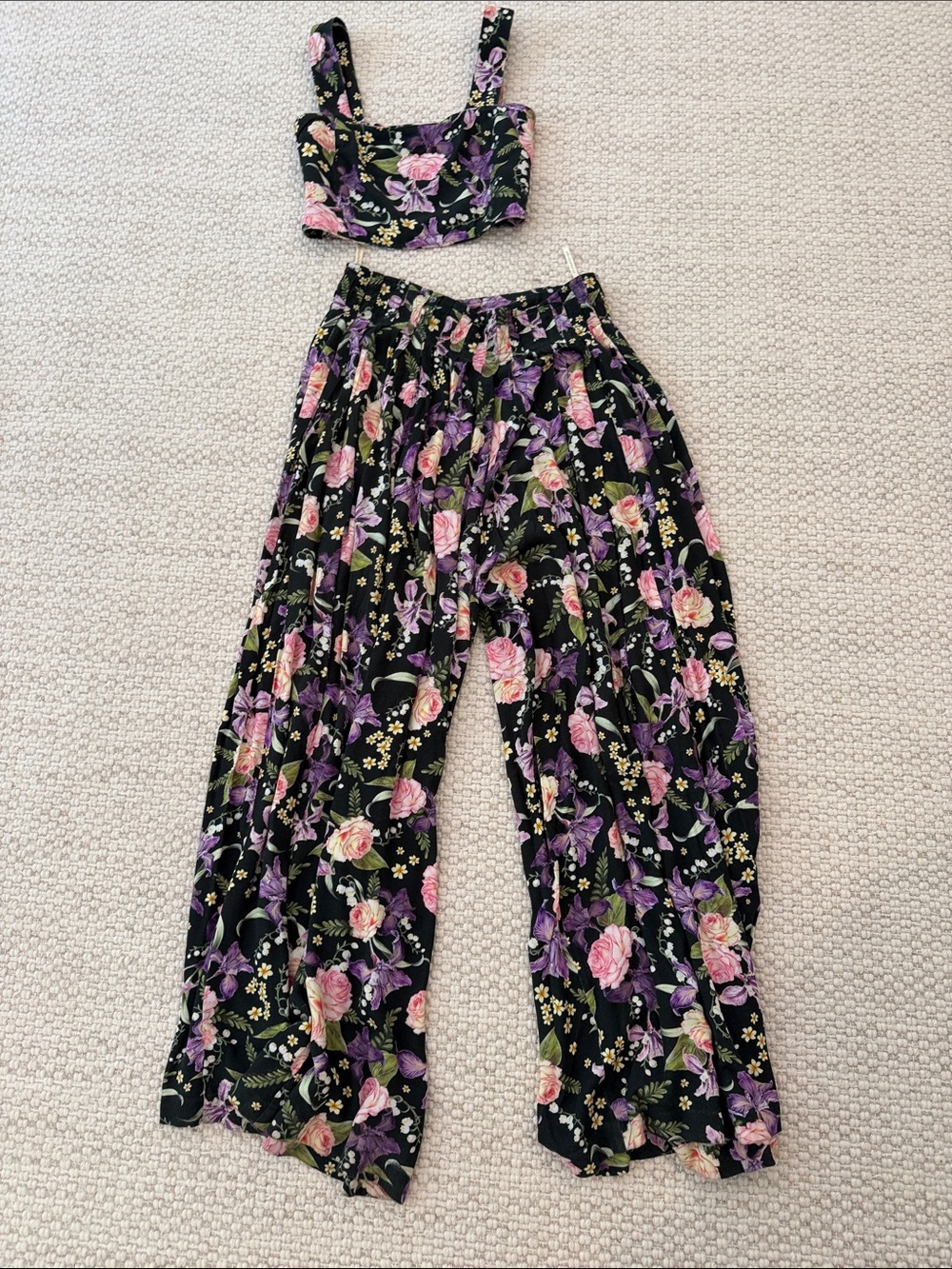 Agua Bendita Black Floral Wide-Leg Pants with Pink & Purple Blooms